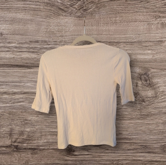 New Reformation Janine Knit Tencel Ribbed 3/4 Sleeve Pullover Ivory Top Blouse - Picture 4 of 5